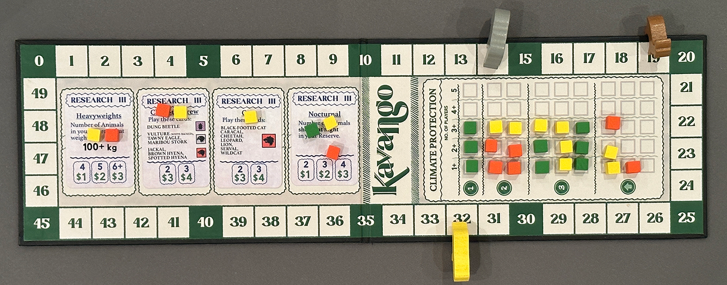 Kavango Score Board showing Research cards and Climate ProtectionImage © Board Game Review UK