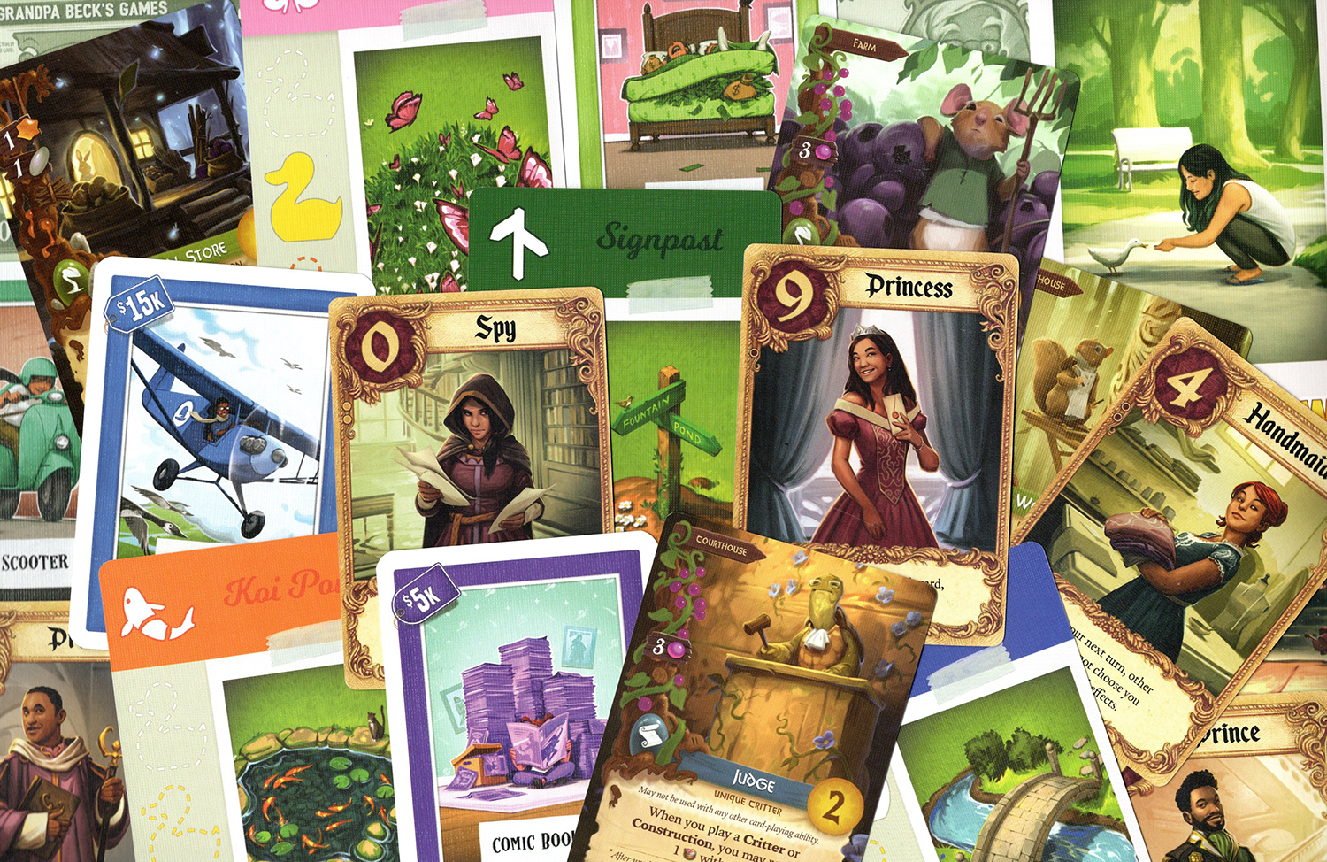 Montage of Andrew Bosley artwork including Everdell, Cover Your Assets, Love Letter and Ducks in Tow.         
Image ©BoardGameReviewUK