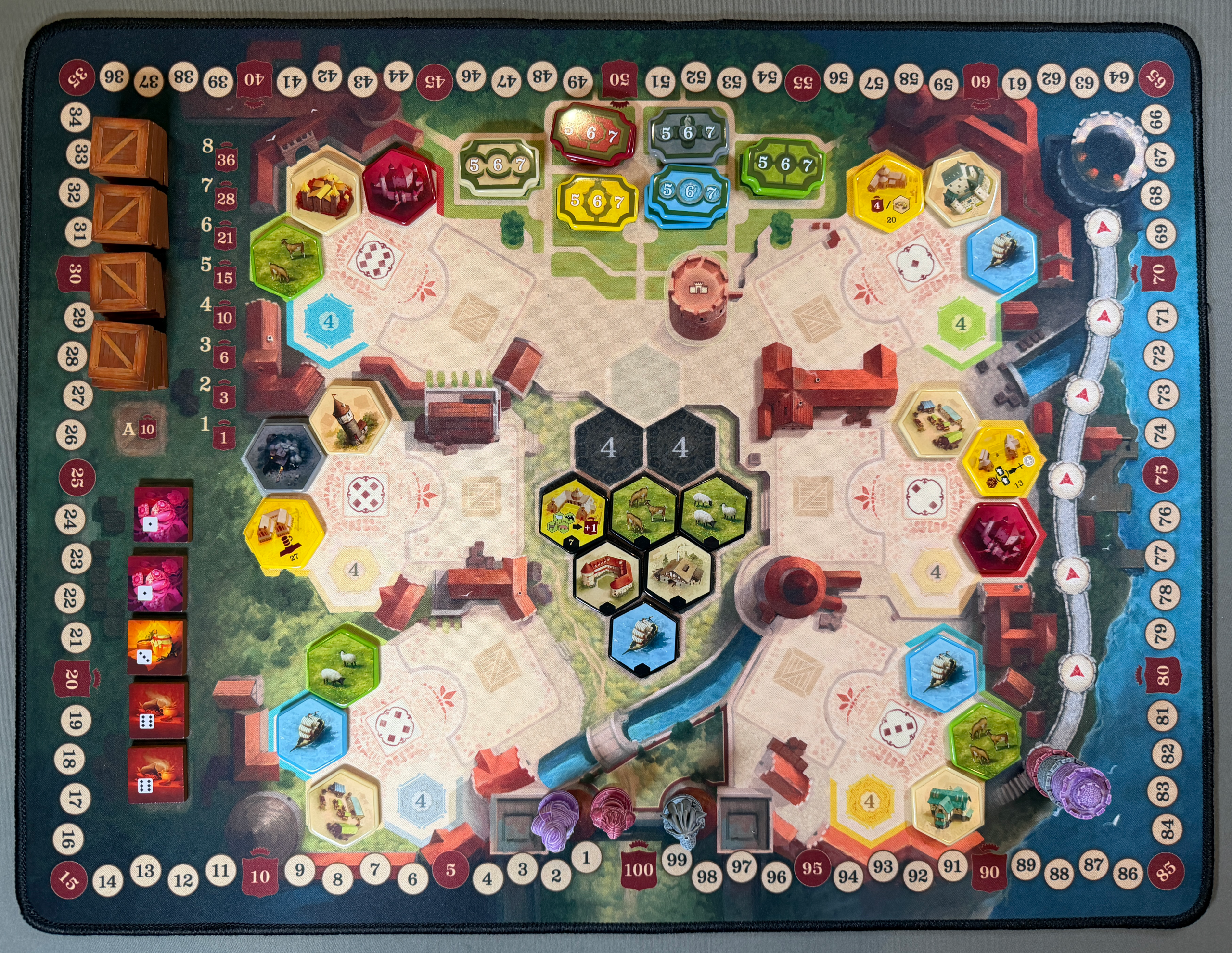 Castles of Burgundy Deluxe Edition Board Game Review Market Board 3 player setup Castles of Burgundy Deluxe Edition Board Game Review Market Board 3 player setup