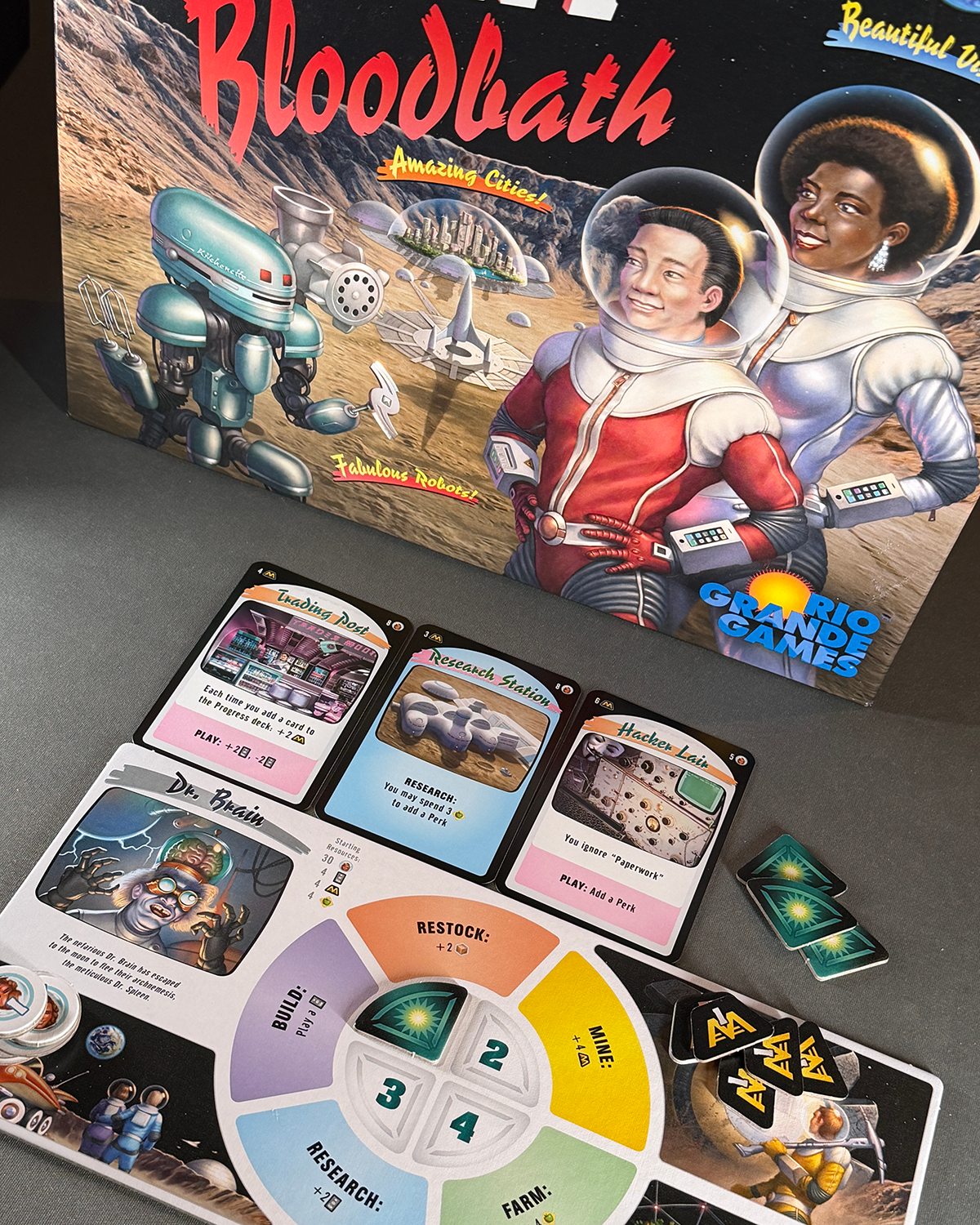 Moon Colony Bloodbath Board Game Review Box and Player Board